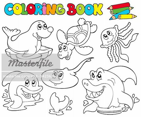 Coloring book with marine animals 1 - vector illustration.