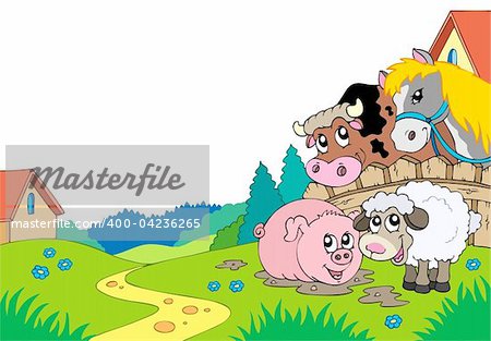 Country landscape with farm animals - vector illustration.