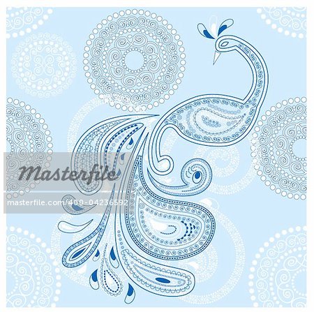 vector peacock on seamless snowflakes background in white and blue. clipping mask