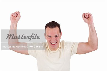 Portrait of a happy  man with his arms raised, on white background. Studio shot