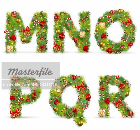 MNOPQR, vector christmas tree font with green fir and baublest