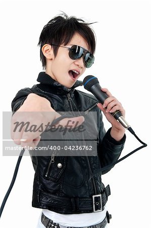 Asian rock singer in performance, isolated on white