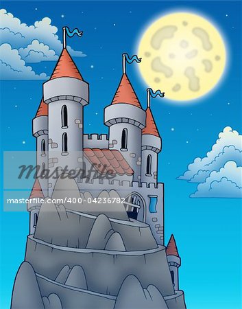 Night view on castle on rock - color illustration.