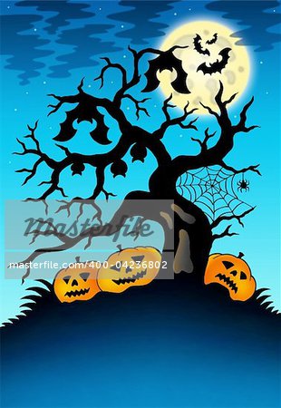 Spooky tree with bats and pumpkins - color illustration.