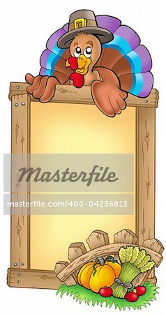 Wooden frame with lurking turkey - color illustration.