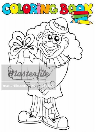 Coloring book with clown and gift - vector illustration.