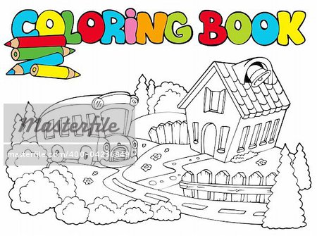 Coloring book with school and bus - vector illustration.