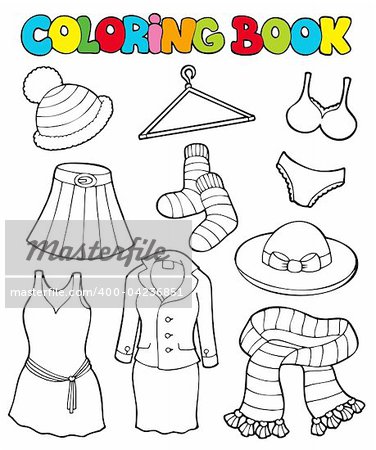 Coloring book with various clothes - vector illustration.