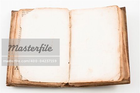Vintage paper background from an opened antique book from 1739 with leather cover with copy space isolated on white