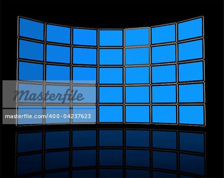 3D Wall of flat tv screens, isolated on black. With 2 clipping paths : global scene clipping path and screens clipping path to place your designs or pictures