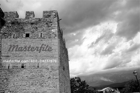 Castle fort wall in Ainsa village Aragon Pyrenees Huesca Spain