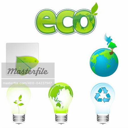 illustration of recycle eco with leaf, globe and electric bulb on white background