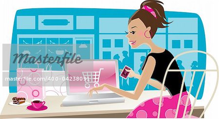 Vector illustration of a girl shopping on internet at cafe
