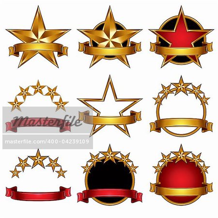 5 stars classic emblems set. Golden ribbons and stars symbols. Red and gold metallic royal style.