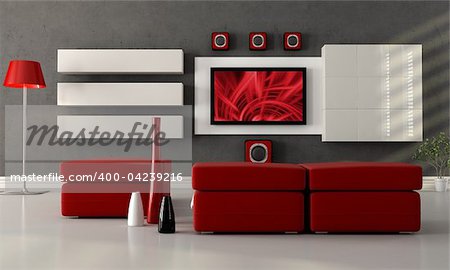 modern living room with home theater system - the image on screen is a my composition