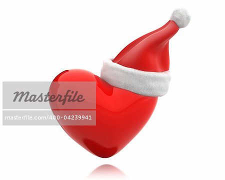 Red shiny heart with traditional santa hat isolated on white background