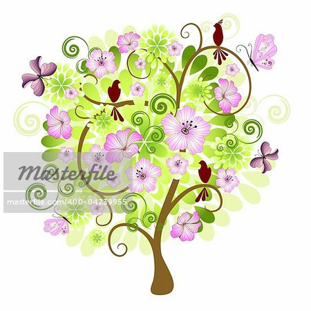 Spring isolated tree on a white background with flowers, birds and butterflies for design (vector)