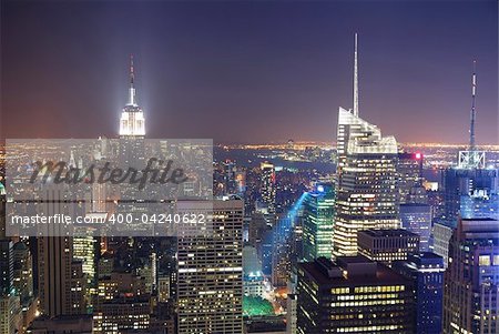 New York City Manhattan skyline night panorama aerial view with Empire State Building and skyscrapers