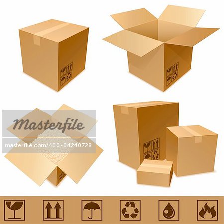 Set of cargo cardboard boxes and signs.