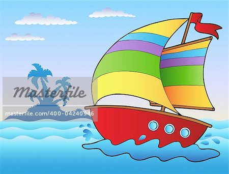 Cartoon sailboat near small island - vector illustration.