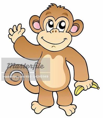 Cartoon waving monkey with banana - vector illustration.