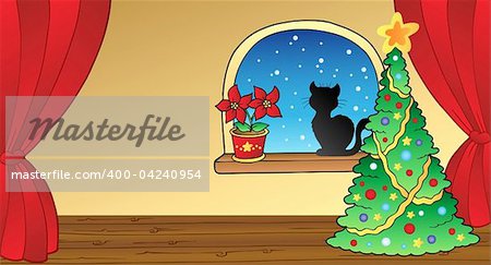 Christmas card with tree and cat - vector illustration.