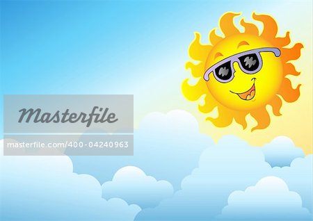 Cloudy sky with cartoon Sun - vector illustration.