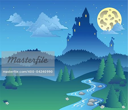 Fairy tale landscape at night 1 - vector illustration.