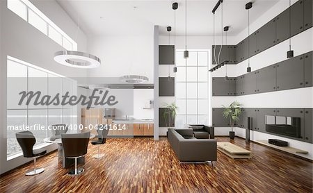 Interior of modern apartment living room kitchen 3d render