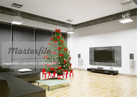 Christmas tree with red decorations in living room interior 3d render