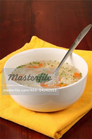 Turkey or chicken soup with carrot, noodles and parsley