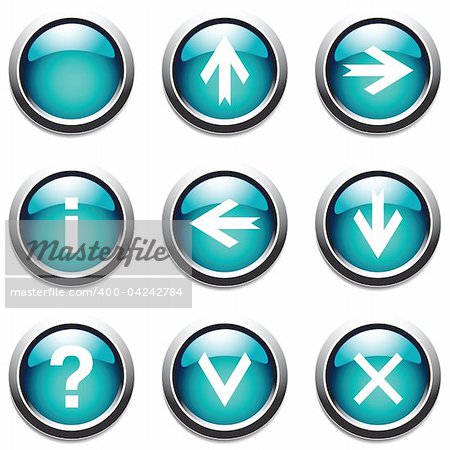 Turquoise buttons with signs.  Vector art in Adobe illustrator EPS format, compressed in a zip file. The different graphics are all on separate layers so they can easily be moved or edited individually. The document can be scaled to any size without loss of quality.