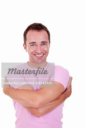handsome middle-age man, smiling and embracing, isolated on white background. Studio shot.