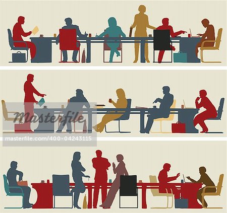 Set of three editable vector foreground silhouettes of colorful business meetings