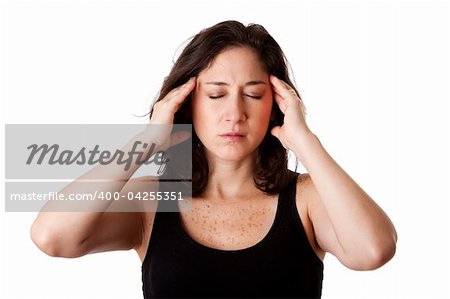 Face of beautiful young attractive woman with headcahe migraine unwell expression feeling sick, holding her head, isolated.