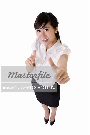 Happy business woman give you double excellent gesture.