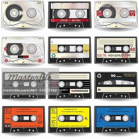 Vector illustration of nine different colored cassette tapes, isolated on white background.