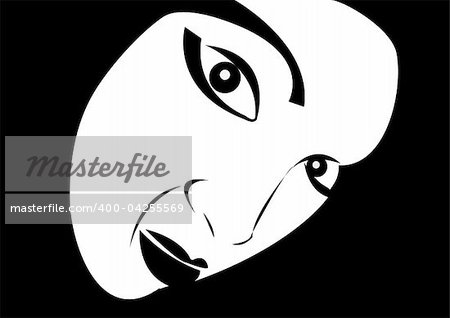 Black and white vector illustration of a face in the dark