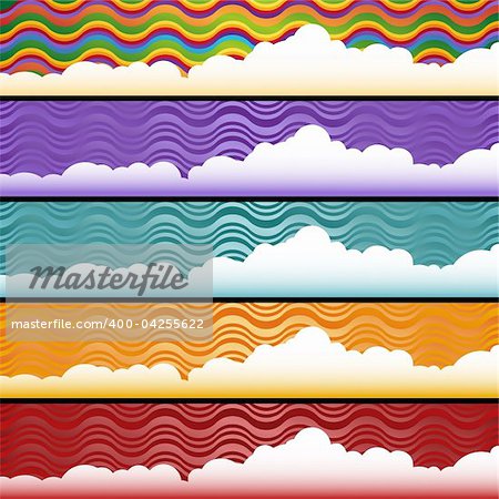 Set of background images with waved colored backgrounds with clouds.