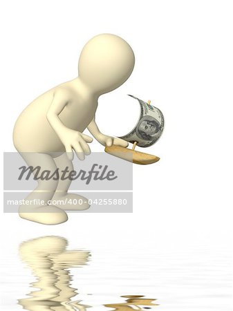 3d puppet with the toy sailing ship. Isolated over white