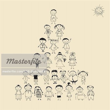Funny pyramid with happy big family smiling together, drawing sketch