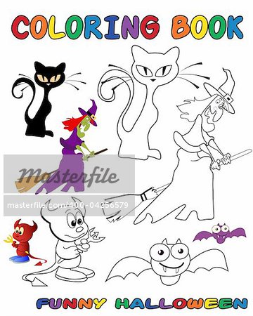 Funny Halloween coloring book - outlined and colored objects