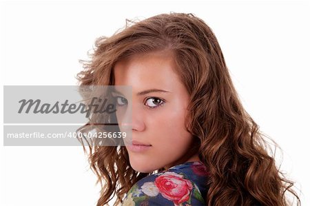 beautiful and sad young woman, looking back, isolated on white, studio shot