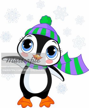 Illustration of cute winter penguin with hat and scarf  pointing