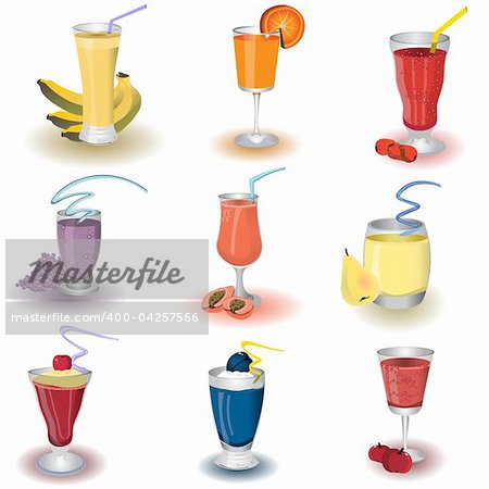 Set of nine different fruit shake icons, vector illustration