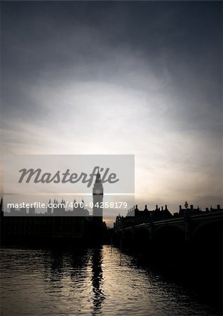 Silhouette of Big Ben and the Houses of Parliament in London in sunset