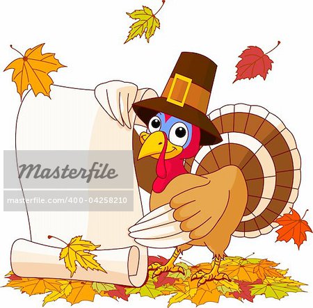 Illustration of Thanksgiving turkey holding scroll. With falling leaves