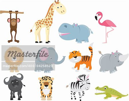 set of animal icons and cartoons of wild animals.