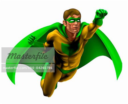 Illustration of an amazing superhero dressed in yellow and green costume with cape flying through the air