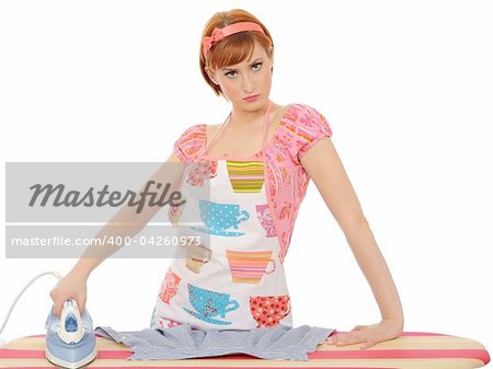 Beautiful angry house woman ironing. isolated on white background